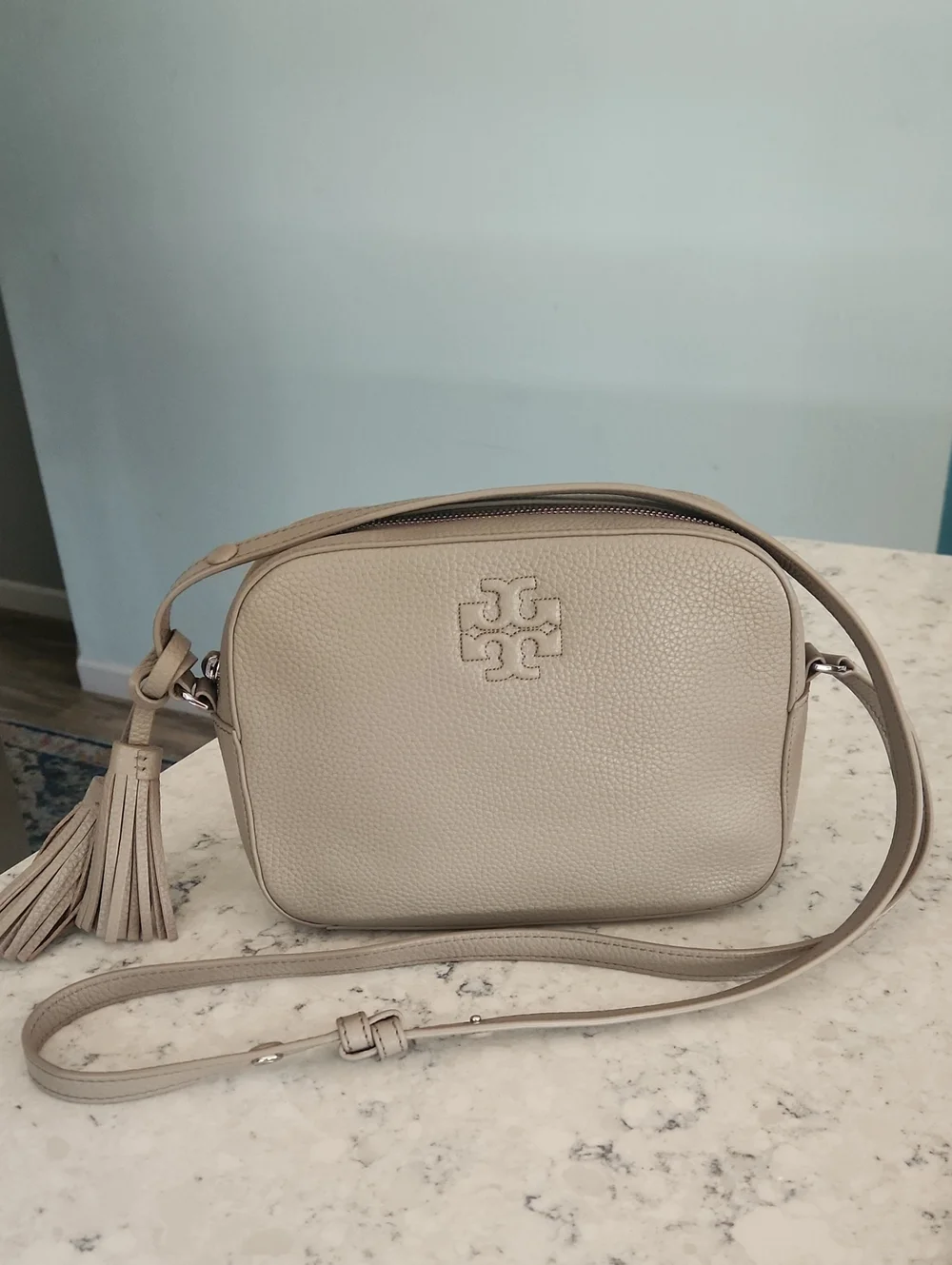 Tory Burch Pebbled Leather Camera Bag in Taupe